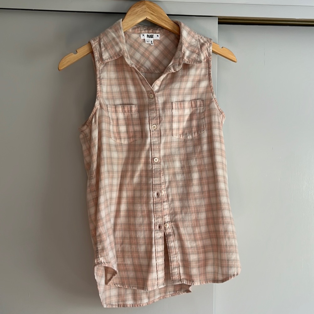 Sleeveless button down pink, cream and gray plaid shirt by Paige size Small